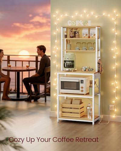 Image of VASAGLE Bakers Rack with Power Outlet, 23.6 Inches Coffee Bar for Kitchen with Storage, 6-Tier Kitchen Shelves with 6 Hooks, Microwave Stand, Industrial, Golden Oak and Cloud White UKKS124Y03