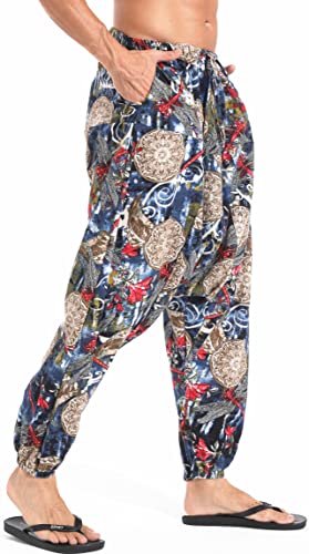 AITFINEISM Calça masculina de algodão com cintura elástica para ioga Aladdin Hippie Harem, Azul-mari