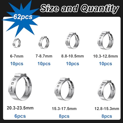 Image of 62Pcs 7 Sizes 304 Stainless Steel Single Ear Hose Clamps 6-23.5mm Crimp Hose Clamps Assortment Kit Perfect for Automotive /Home Appliance /Water Pipe and Fuel Line