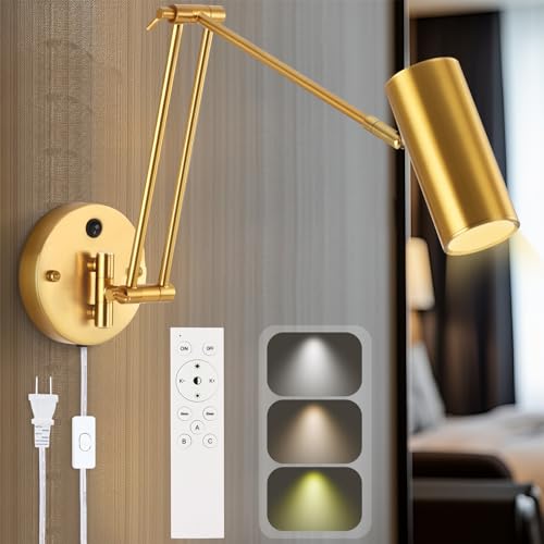 Image of Swing Arm Wall Lamps, Plug in Wall Sconces with 1.8m Power Cord, Wall Sconces Wall Mounted Lights with Remote Control for Reading, Sewing, Carving and Painting