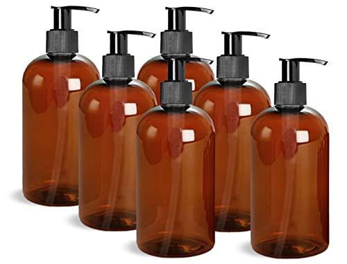 ljdeals 16 oz Amber Plastic Bottle with Black Lotion Pump, Refillable Containers for Shampoo, Lotions, Cream and more, Pack of 6, BPA Free, Made in USA2