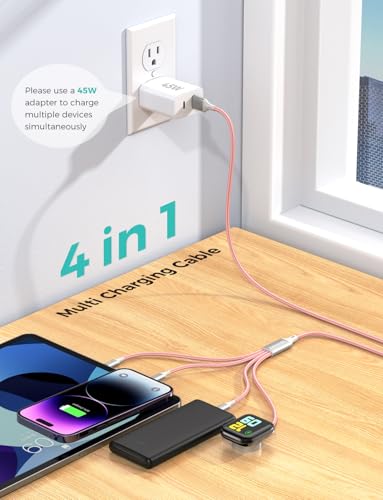 Image of 2Pack Multi Charging Cable for Apple Watch Charger 4 in 1 Travel Essentials RV Camping Essentials USB C /L /Micro Compatible with iWatch Series 11-1 /iPhone 17 /16 /15 /Android Airplane Gadgets-4FT /Pink