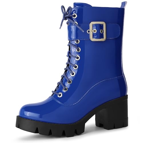 Perphy Metallic Lace Up Boot Round Toe Chunky Heel Blue Combat Boots for Women 7 M US