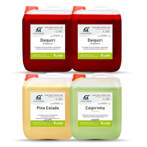 Cool Freeze Slush Sirup Set 4x5L – Daiquiri (Erdbeere), Piña Colada(Ananas Kokos), Caipirinha (Limone) – Cocktail Line Deluxe Summer Edition – alkoholfrei – mit Fruchtsaftkonzentrat – Made in Germany
