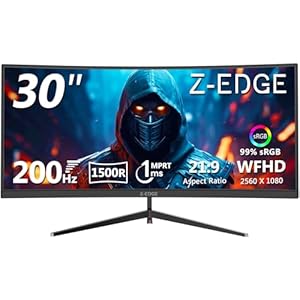 Z-Edge – Monitor curvo para juegos de 30 pulgadas, WFHD1080P 200Hz 165Hz, MPRT 1ms, relación de aspecto 21:9, curva de 1500R, colores de 16.7M, contraste 3000:1, UG30 PIP-PBP, 2 puertos DP 1.4 y 2 puertos HDMI 2.0