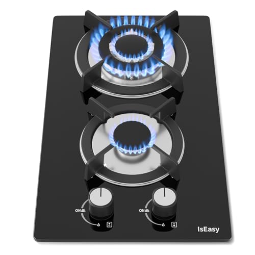 IsEasy Plaque Gaz 2 Feux Encastrable, Plaque de Cuisson Gaz 2 Feux Verre, Table Gazs 30cm, Gazs...