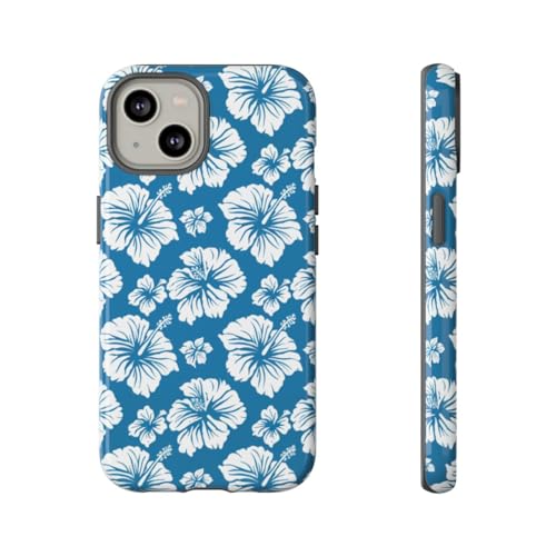 Coque rigide iPhone 14 fleurs hawaïennes anti-rayures bleue brillante