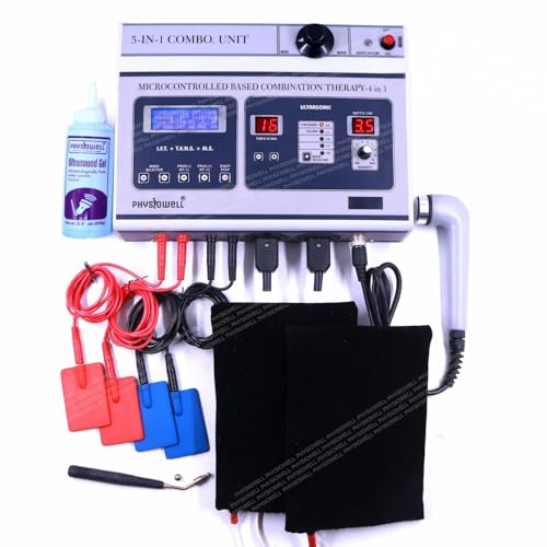 Physiowell 5 in 1 Physiotherapy Machine Combo | IFT, TENS, MS & Ultrasound Therapy Machine | Electrotherapy & Ultrasonic Pain Relief Device | Professional Physio Equipment with Electrodes, Probe & Gel