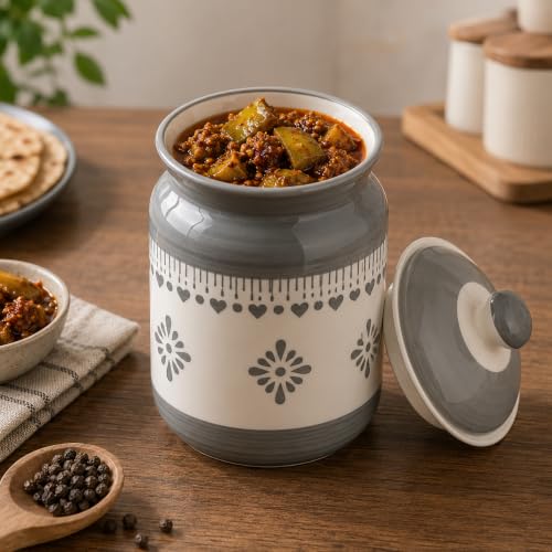 Image of Niyara Multipurpose Storage Ceramic Pickle set Jars with Lid & tray (Set of 4, 300 ml) (grey jhalar jar set 2)