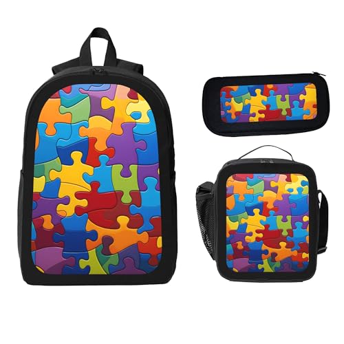 Abstract Colorful Autism 3 Pcs 17 Inches Backpack Set with Insulated Lunch Bag And Pencil Pouch Large Back Pack for Men Women Lunchbox Pencil Case Waterproof Backpacks Lunch Box 3 Piece Daypacks2
