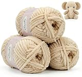 ilauke Chenille Yarn Chunky 3x100g, Beige Soft Yarn, Super Chunky Chenille Wool for Knitting Amigurumi, Clothes, Handbag, Blankets, DIY Beginners Adults