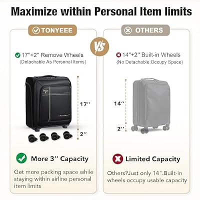 Softside Carry on Luggage Airline Approved, 17 Inch Underseat Carry-on Luggage with Removable Spinner Wheels, Small Personal Item Suitcase for Travel Business (Black, 17 inch_Underseat)