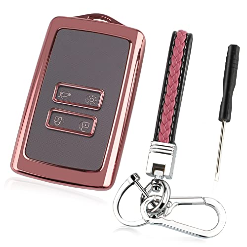 Outigu Car Key Cover Compatible with Renault 4 Button, Renault Key Card Case, Leather Keychain with Small Screwdriver Accessories, TPU Protective Cover (Pink)