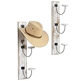 MyGift Wall Mounted Vertical Hat Rack - Fedora, Cowboy Hat Rack for Wall, Coat Hooks in Solid Whitewashed Wood and Black Metal Wire, Set of 2