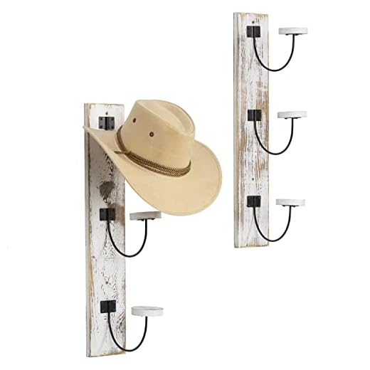 MyGift Wall Mounted Vertical Hat Rack - Fedora, Cowboy Hat Rack for Wall, Coat Hooks in Solid Whitewashed Wood and Black Metal Wire, Set of 2