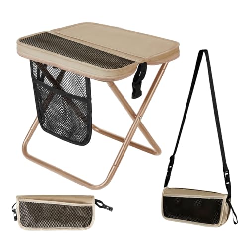 Image of Foldable Backpack Stool for Camping,Portable Pocket Folding Stool with Storage Pouch,Folding Camping Stool for Hands-Free Carry & Supports 265Lbs,Small Chair for Fishing,Travel,Hiking，Beige