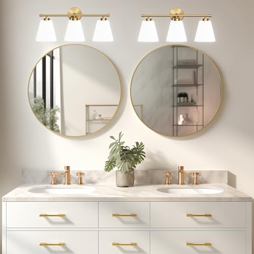 Image of Hamilyeah Gold Bathroom Vanity Light Fixtures Over Mirror, 3 Light Vanity Lights with Frosted Glass, Industrial Vanity Lighting Fixtures for Bath, Restroom