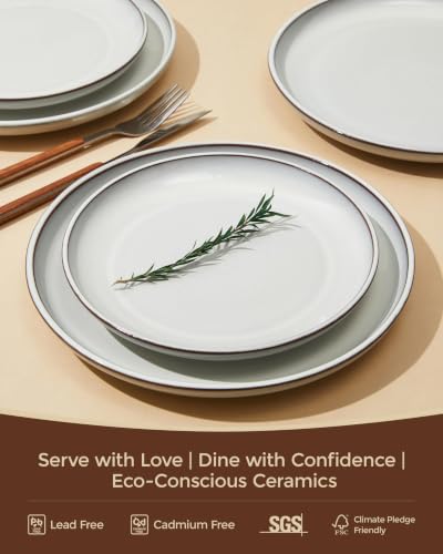 Image of Pokini Stoneware Dinnerware Sets for 8, 24pcs Plates and Bowls Sets Dishes | Reactive Glaze Ceramic Dish Set, Microwave & Dishwasher Safe, Highly Chip and Crack Resistant Dishware sets, Moonstone White