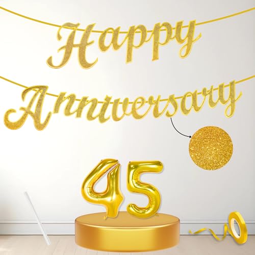 Image of Flyloons 45th Happy Anniversary Banner Gold Decorations Kit for Men Women Wedding Anniversary Banner Items without Balloons