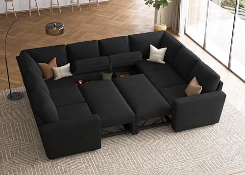 Image of HONBAY Sleeper Sectional Couch with Pull Out Bed, Velvet Modular Sofa with Storage, U Shaped Sectional Couches for Living Room, Black