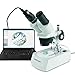 AmScope SE306R-PZ-E Digital Forward-Mounted Binocular Stereo Microscope, WF10x and WF20x Eyepieces, 20X/40X/80X Magnification, 2X and 4X Objectives, Upper and Lower Halogen Lighting, Reversible Black/White Stage Plate, Pillar Stand, 120V, Includes 0.3MP Camera and Software