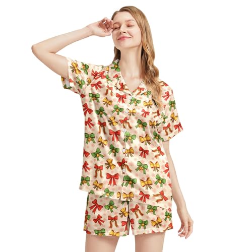 Image of Funny Satin Pajamas Set for Women Button Down Sleepwear Print Pjs Set 2 Piece Short Sleeve Loungewear Gift for Women