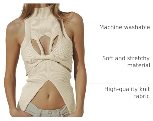 Image of Women Strapless Crop Top Sexy Hollow Out Twist Front Knitted Tank Tops Sleeveless Y2K High Neck Cut Out Sweater Vest