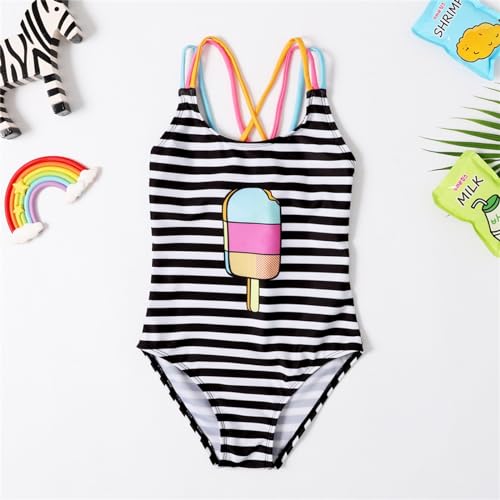 Toddler Girls Bathing Suits One Piece Cute Ice Cream Quick Dry Swimsuits Kids Striped Swimwear Strap Swimming Suit2