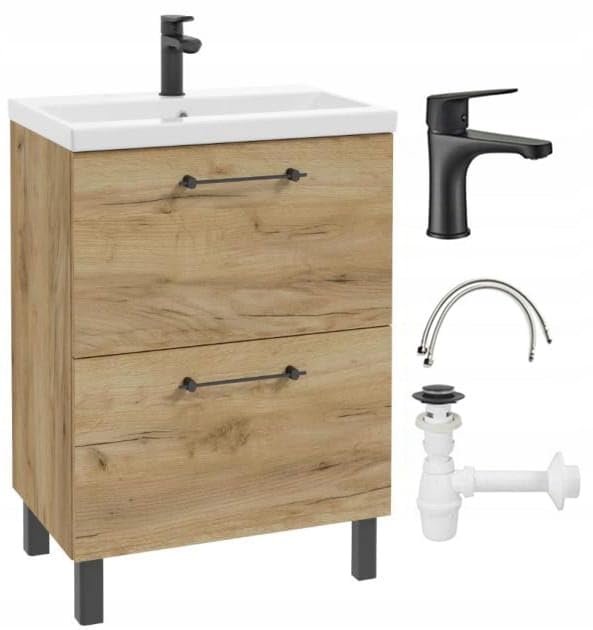 .Deftrans Szafka pod umywalkę 60 x 80 cm z umywalką – szafka łazienkowa dąb Craft, stojąca z 2 szufladami, miękkie zamknięcie, mebel łazienkowy z armaturą umywalkową