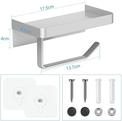 LIWIN 2 in 1 Toilet Paper Holder with Shelf, SUS304 Stainless Steel Two Installations Ways Toilet Roll Holder Wall Mounted Self Adhesive for Bathroom Washroom Toilet Kitchen Silver
