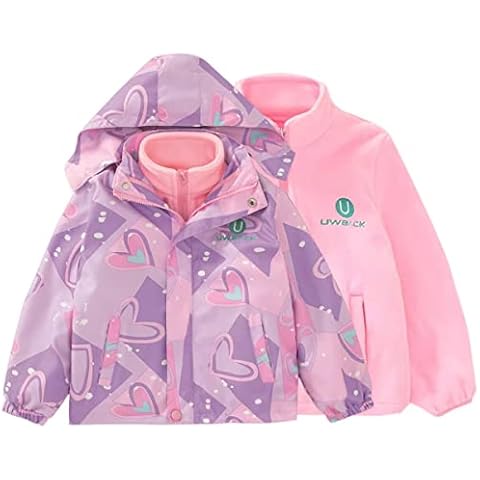 UWBACK Girls Windproof Waterproof Jacket 3 In 1 Fleece Lining Detachable Ski Coats With Hood, Love Heart, 10-12 Years Cover