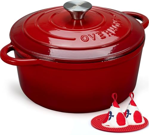 Overmont Casseruola in Ghisa Smaltata - Antiaderente Forno Olandese con Coperchio - Ø26 CM Rotonda Cocotte per Adatto a Piani di Cottura e Forni a Induzione - Rosso