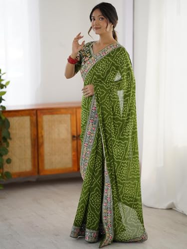 Image of Satrani Women's Georgette Bandhani Printed Sequin Embroidery Saree with Unstitched Blouse Piece