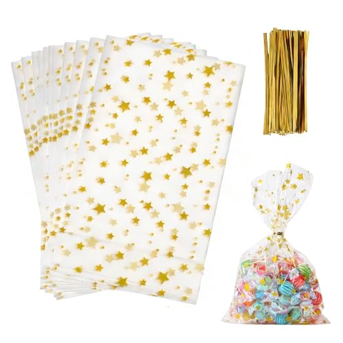Funalix 100 Stück Cellophantüten Klar, Süßigkeiten Tüten, mit Goldfarbenen Bindebändern für Hochzeit, Geburtstag, Weihnachten & Party (15x25 cm)