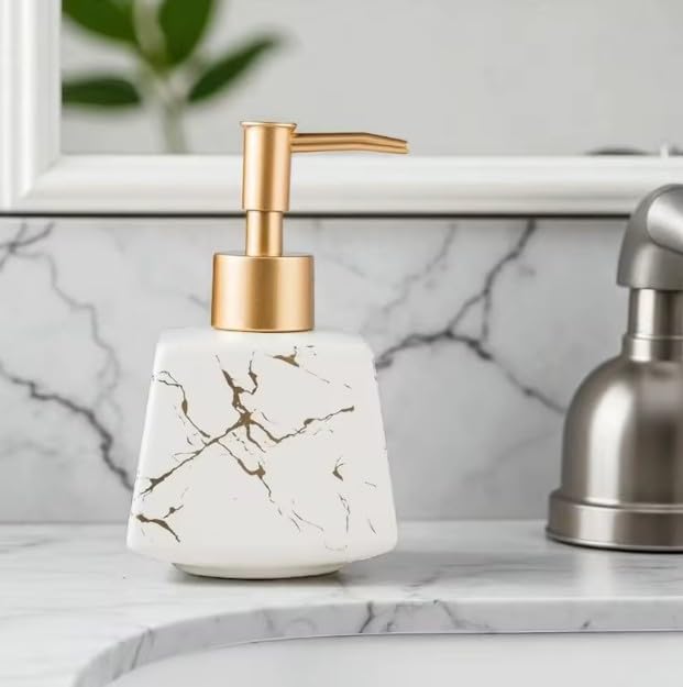 Image of Luxury Ceramic Soap Dispenser (Luxe White) - 300 ml Matte Glazed with Gold Marbling Triangular Refillable Lotion & Handwash Pump Bottle for Bathroom, Kitchen Sink & Wash Basin Decor