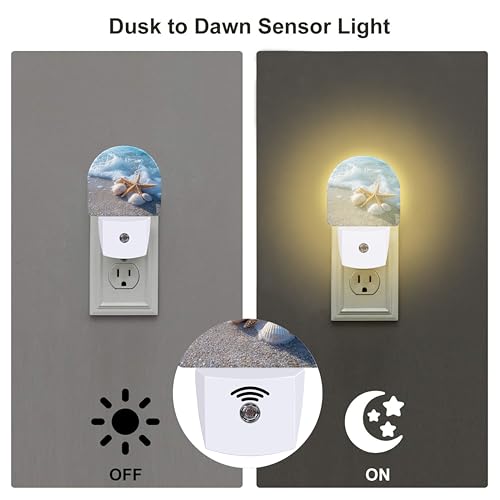 Image of Starfish and Seashells on Beach Night Light for Kids,Summer Beach Ocean Waves Plug in Night Light with Dusk to Dawn Sensor, 0.5w Energy Saving Nightlight for Hallway Stairway Kitchen Bedroom