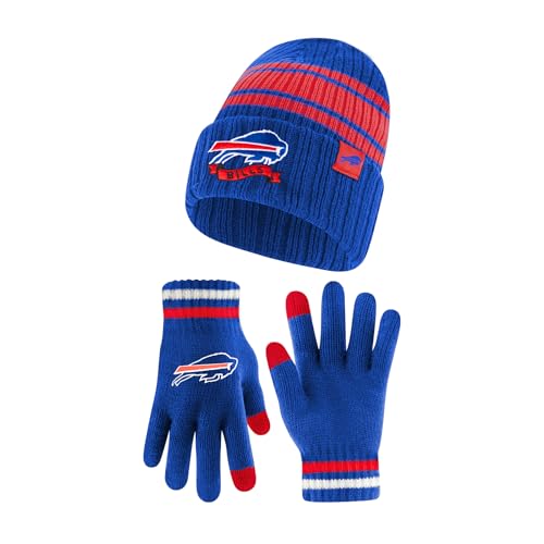 Ultra Game NFL Official Adults Super Soft Winter Beanie Knit Hat with Extra Warm Touch Screen Gloves, Buffalo Bills, Team Color, 1SIZE