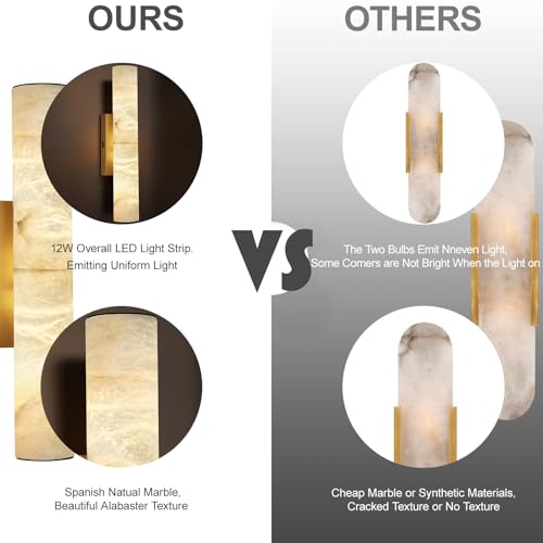 Image of 20 inch Alabaster Wall Sconce Hardwired, Spanish Natural Marble Sconces, Brass Bathroom Vanity Light, Dimmable Stone Wall Sconces Warm White, Linear Gold Alabaster Wall Light for Living Room Hallway, 1PC