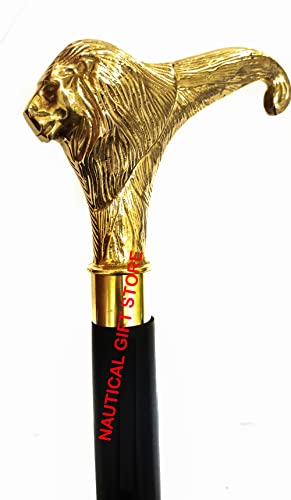 NAUTICAL GIFT STORE Solid Brass Lion Head Handle Wooden Walking Stick Cane Vintage Designer Handmade, Golden, 36 Inch