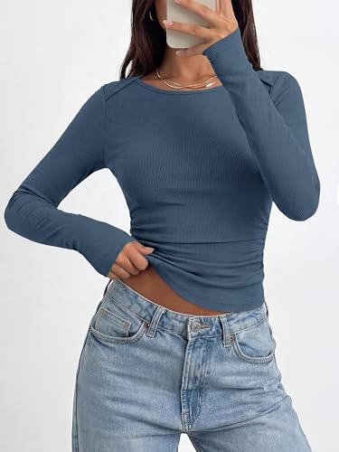 BTFBM Womens Long Sleeve T Shirts Spring Clothes 2026 Ribbed Slim Fit Boat Neck Casual Going Out Tops Workout Outfits(Grey Blue, X-Small) - image 6