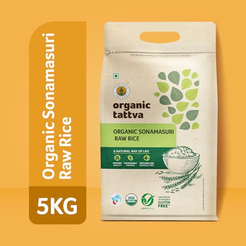 Image of Organic Tattva Sona Masoori Rice 5kg Pack | Organic Raw Rice | Naturally Gluten Free | Unpolished Single Polished Sonamasoori, Pesticide & Chemical Free | 5kg Bag