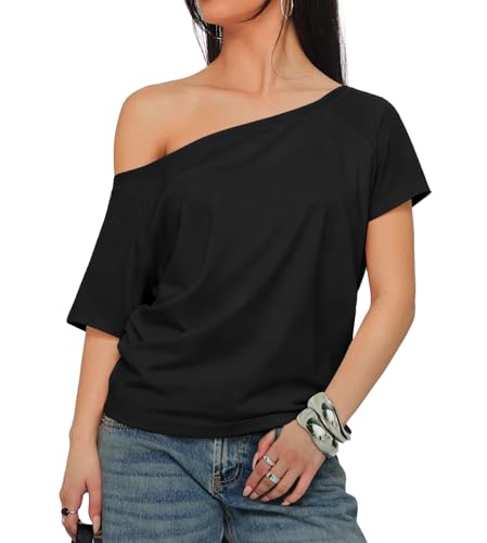 INFITTY Womens Off The Shoulder Tops Summer Short Sleeve T Shirts Loose Fit Casual Shirts Y2k Going Out Top Black XL