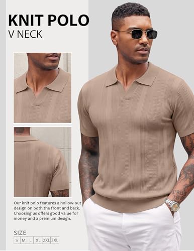 Image of COOFANDY Mens Knit Polo Shirts V Neck Textured Polo Shirts Short Sleeve Breathable Polo Casual Collared T Shirt Fashion Tops