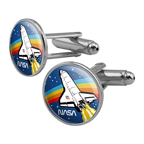 GRAPHICS & MORE NASA Logo Over Space Shuttle with Rainbow Round Cufflink Set Silver Color