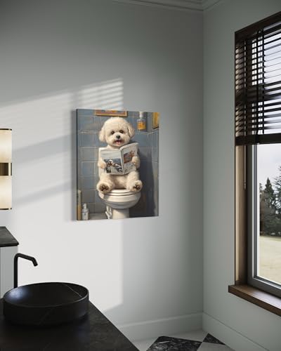 Image of Bichon Frise on Toilet Wall Art Print Canvas Wrapped, Dog Bathroom Humor Decor Posters Prints for Restroom Home Picture Painting Artwork Gallery 7 (Bichon Frise, 20 inchL x 16 inchW CANVAS, Wrapped Canvas)