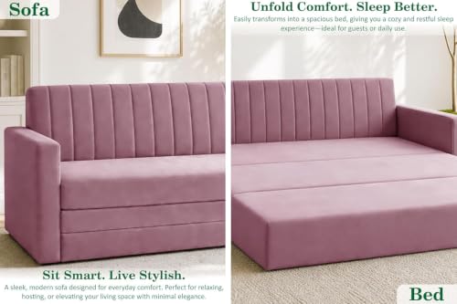Image of Armrest Modern Three Seater Sofa Cum Bed Velvet Fabric Couch for Living Room, Space Saving Foldable Sleeper Sofa, (Rose Pink-Color)