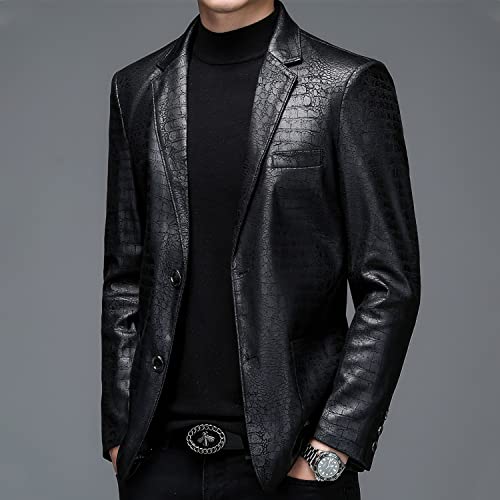 Men’s Crocodile Skin Pattern Genuine Sheepskin Faux Leather Casual Dress Suit Black Blazer Coat3