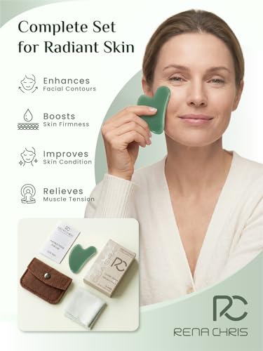 Image of Rena Chris Gua Sha Facial Tools, Green Stone Guasha Tool for Acupuncture, Manual Massage Tool for Jawline Sculpting and Puffiness Reducing, Gua Sha Facial Massage Tool, Skin-Care Gift (Cobalt Green)