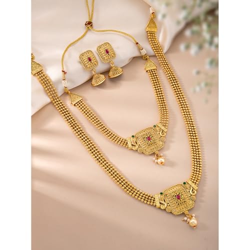 Image of Peora Gold Plated Bridal Jewellery Set with Kamarband Gift for Women Indian Traditional Ethnic Wedding