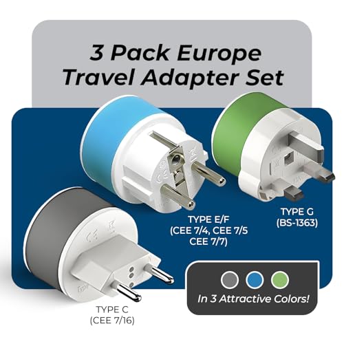Image of Full European Travel Adapter Set by OREI - Dual Input American to Europe, Germany, England, Spain, Italy, Iceland, France, (Type G, E /F, Type C) - 3 Pack, Safe Grounded Use for Cell Phones, Laptops